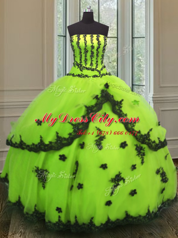 Yellow Green Tulle Lace Up Strapless Sleeveless Floor Length Sweet 16 Dress Appliques