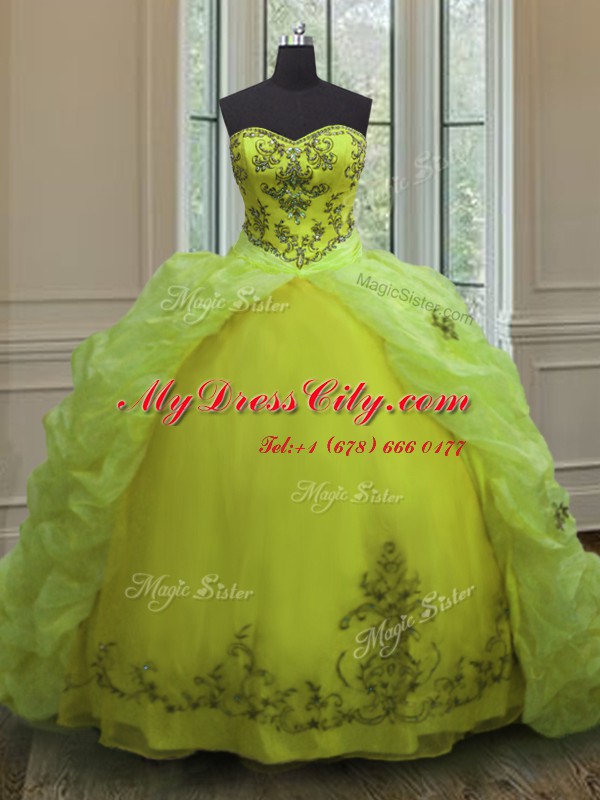 Yellow Green Ball Gowns Beading and Appliques and Pick Ups Quinceanera Dress Lace Up Organza Sleeveless With Train
