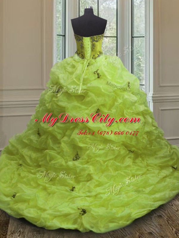 Yellow Green Ball Gowns Beading and Appliques and Pick Ups Quinceanera Dress Lace Up Organza Sleeveless With Train