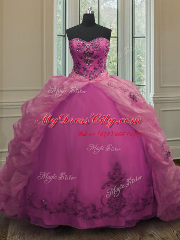 Fitting Pick Ups With Train Fuchsia Quinceanera Gown Sweetheart Sleeveless Court Train Lace Up