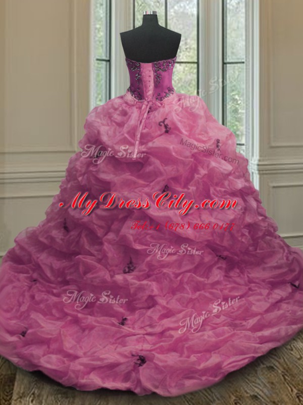 Fitting Pick Ups With Train Fuchsia Quinceanera Gown Sweetheart Sleeveless Court Train Lace Up