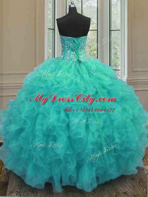 Aqua Blue Sleeveless Floor Length Beading and Ruffles Lace Up Quince Ball Gowns