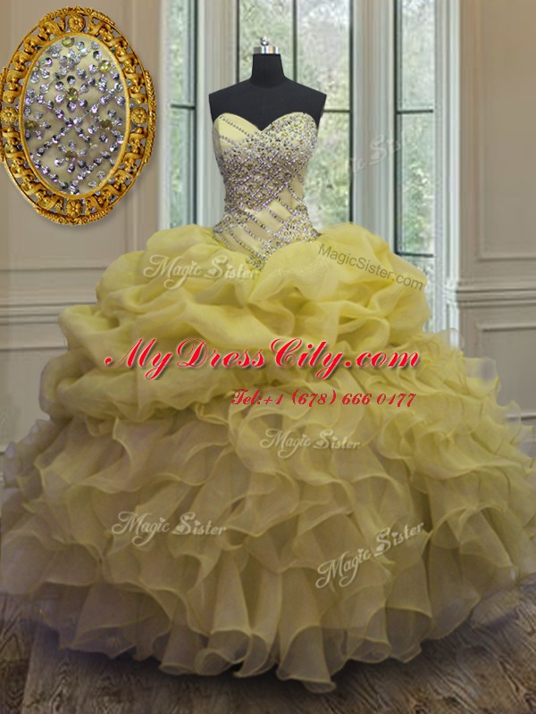 Yellow Sweetheart Neckline Beading and Ruffles and Pick Ups 15th Birthday Dress Sleeveless Lace Up