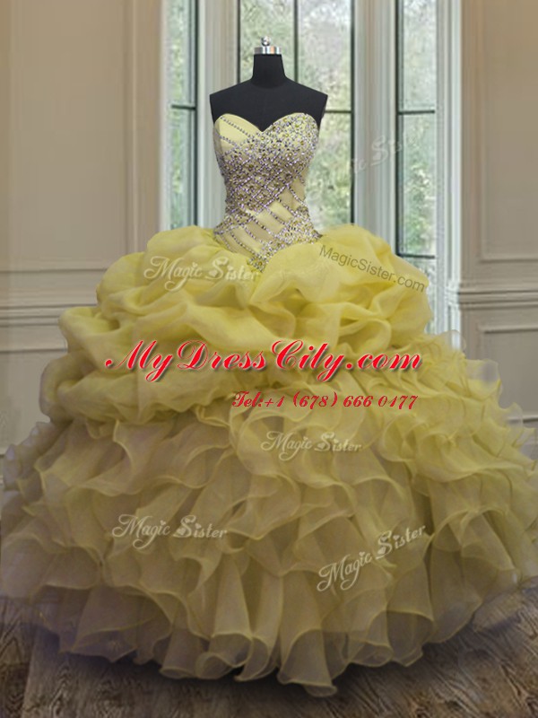 Yellow Sweetheart Neckline Beading and Ruffles and Pick Ups 15th Birthday Dress Sleeveless Lace Up