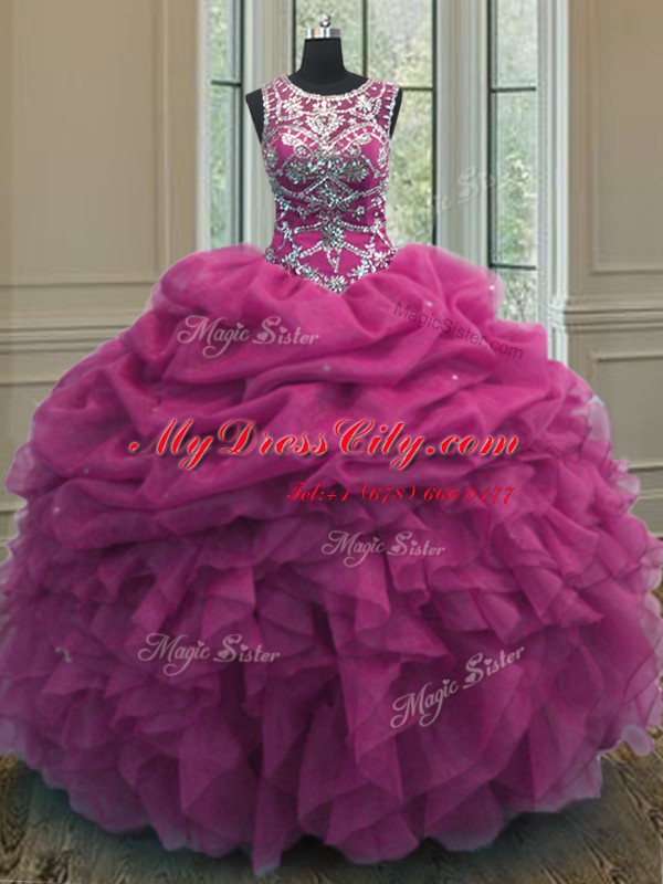 Gorgeous Fuchsia Organza Lace Up Scoop Sleeveless Floor Length Sweet 16 Dresses Beading and Ruffles and Pick Ups