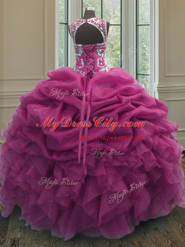 Gorgeous Fuchsia Organza Lace Up Scoop Sleeveless Floor Length Sweet 16 Dresses Beading and Ruffles and Pick Ups