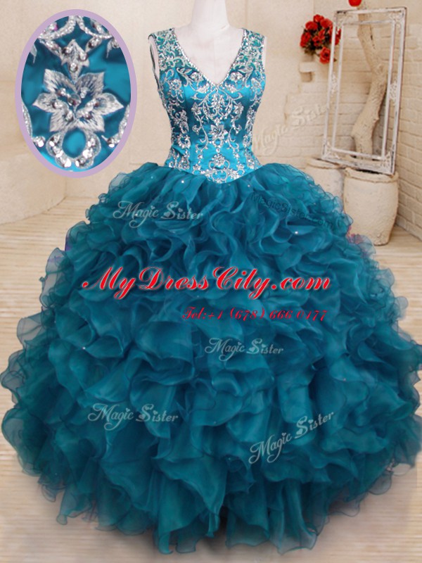 Flirting Floor Length Teal 15 Quinceanera Dress Organza Sleeveless Beading and Embroidery and Ruffles