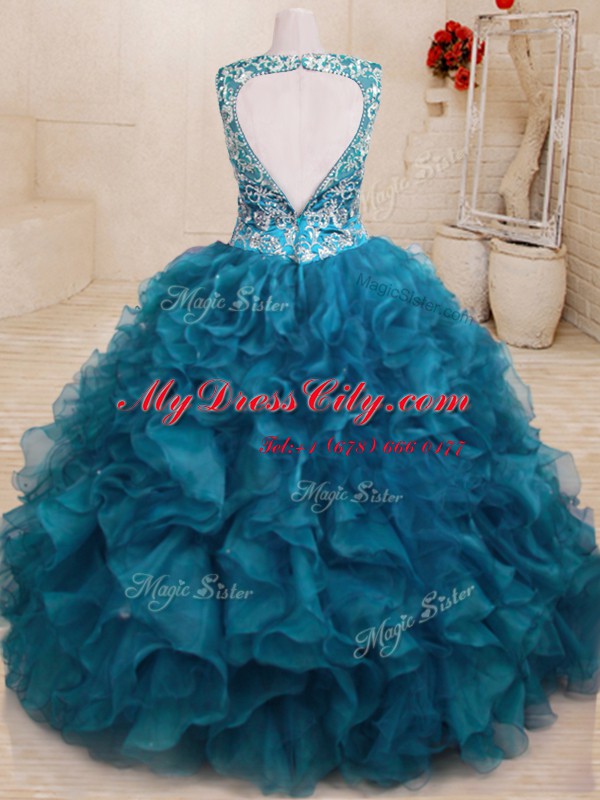 Flirting Floor Length Teal 15 Quinceanera Dress Organza Sleeveless Beading and Embroidery and Ruffles