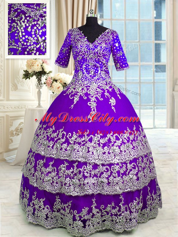 Purple Half Sleeves Floor Length Beading and Appliques and Ruffled Layers Zipper Quinceanera Dress