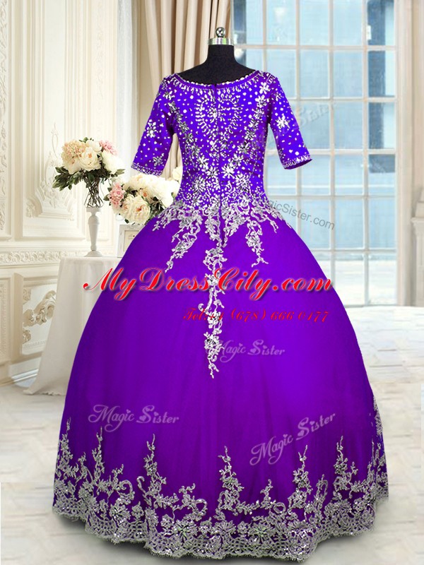 Purple Half Sleeves Floor Length Beading and Appliques and Ruffled Layers Zipper Quinceanera Dress