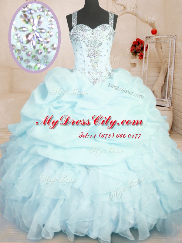 Light Blue Quinceanera Dress Military Ball and Sweet 16 and Quinceanera and For with Beading and Ruffles and Pick Ups Straps Sleeveless Zipper
