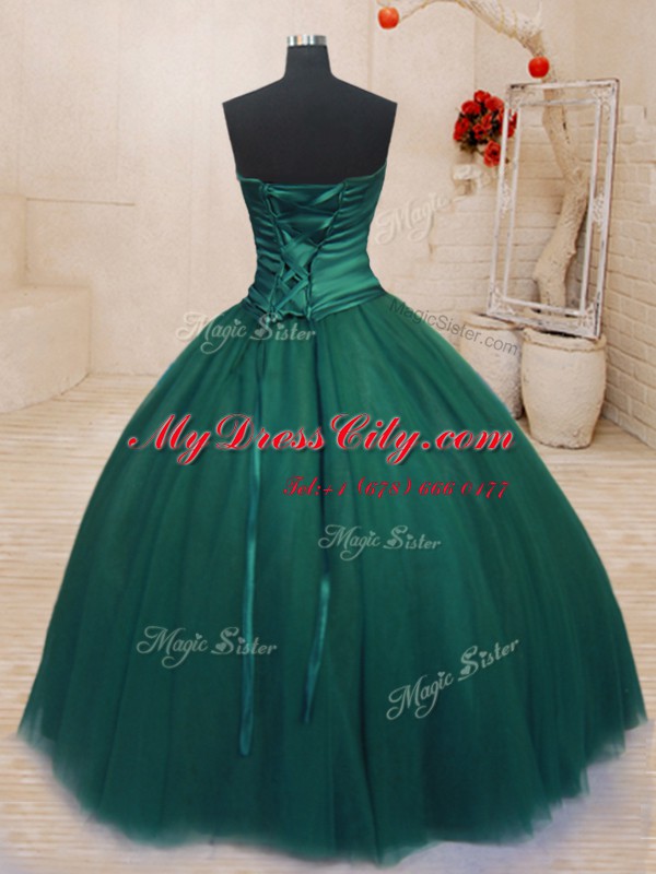 Beautiful Dark Green Ball Gowns Tulle Strapless Sleeveless Beading Floor Length Lace Up Quinceanera Gowns