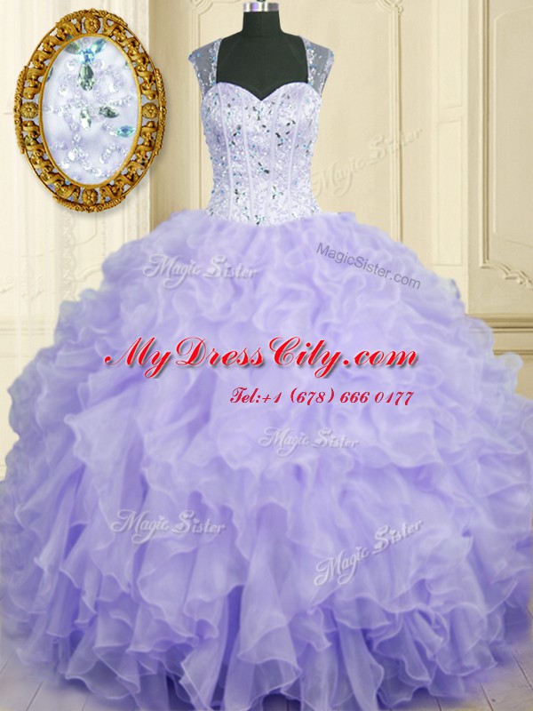 High End Lavender Sleeveless Organza Lace Up Sweet 16 Dress for Military Ball and Sweet 16 and Quinceanera