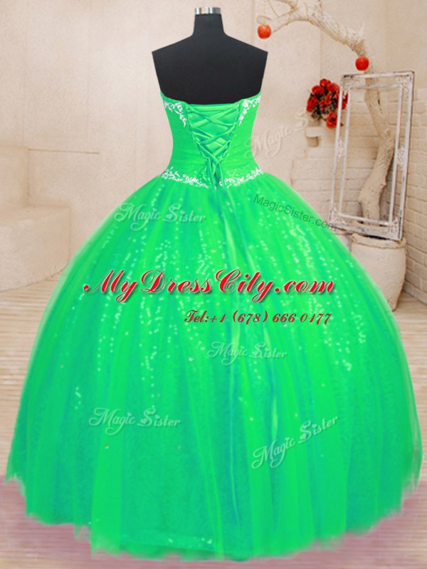 Glittering Sweetheart Sleeveless Lace Up Quinceanera Gown Green Tulle and Sequined