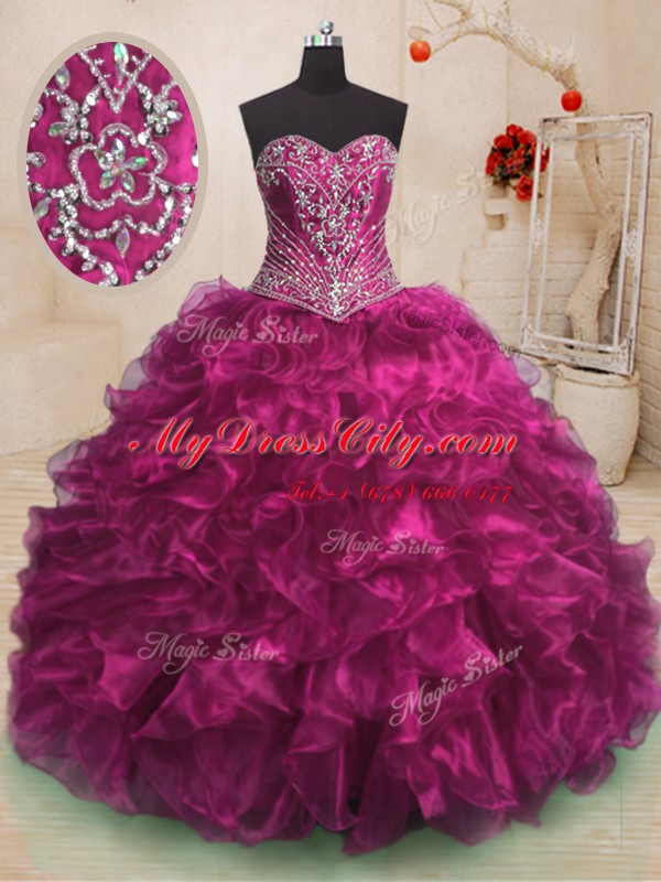 Fabulous Fuchsia Lace Up Sweet 16 Quinceanera Dress Beading and Ruffles Sleeveless With Train Sweep Train