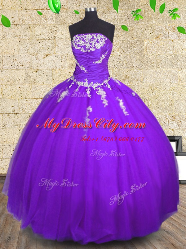 Graceful Purple Sleeveless Floor Length Appliques and Ruching Lace Up Quince Ball Gowns