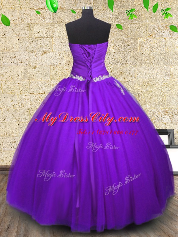 Graceful Purple Sleeveless Floor Length Appliques and Ruching Lace Up Quince Ball Gowns