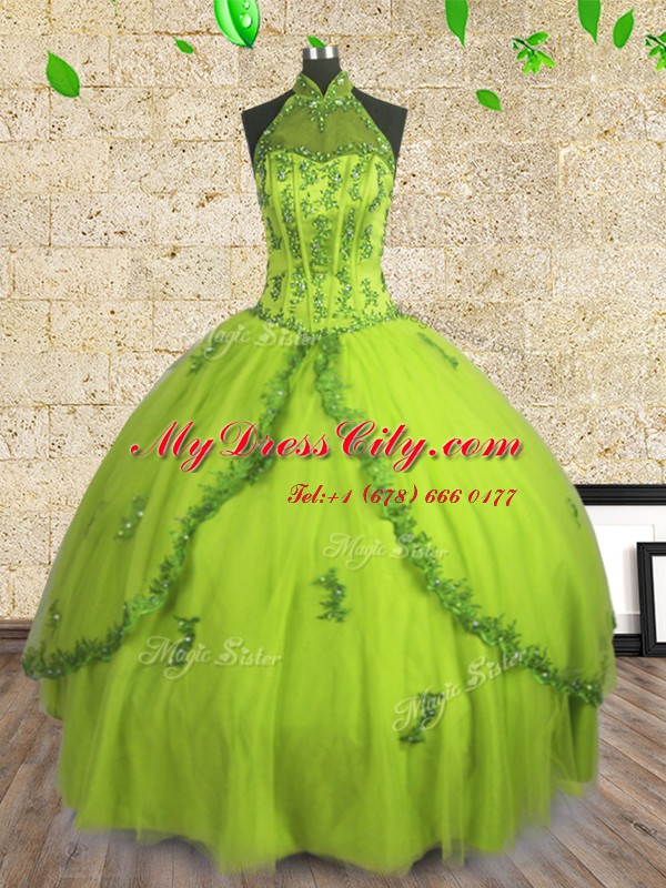 Yellow Green Halter Top Lace Up Beading Quinceanera Dresses Sleeveless