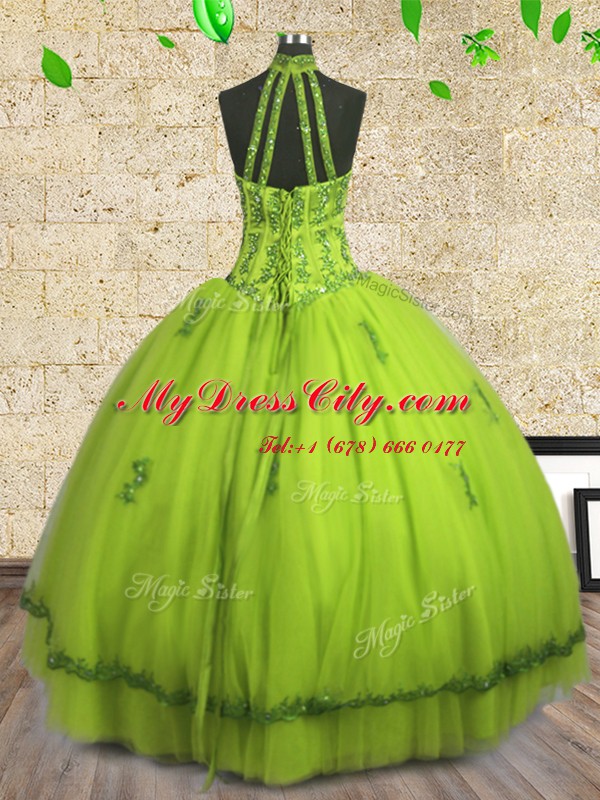 Yellow Green Halter Top Lace Up Beading Quinceanera Dresses Sleeveless