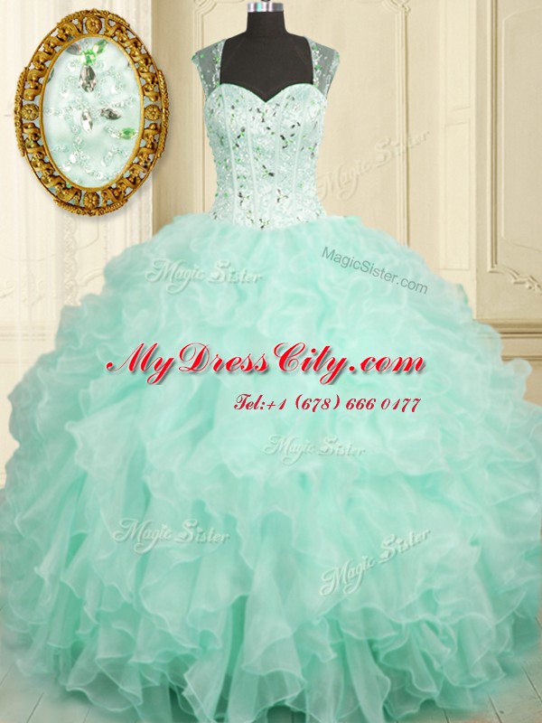 Floor Length Zipper Quinceanera Dress Aqua Blue for Military Ball and Sweet 16 and Quinceanera with Beading and Ruffles