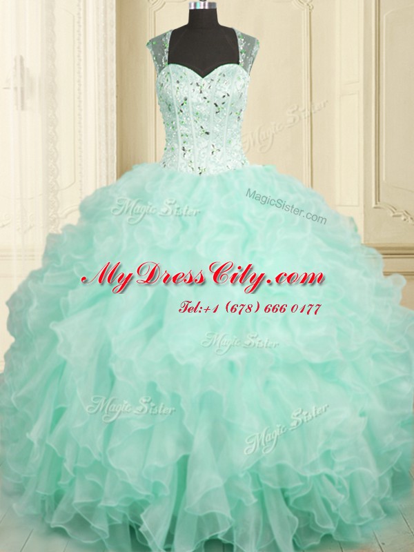 Floor Length Zipper Quinceanera Dress Aqua Blue for Military Ball and Sweet 16 and Quinceanera with Beading and Ruffles