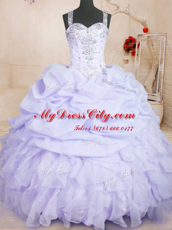 Lovely Lavender Zipper Straps Beading and Ruffles and Pick Ups Quinceanera Dress Organza Sleeveless