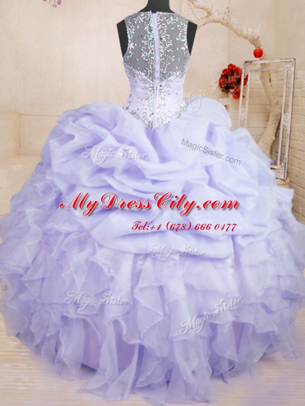 Lovely Lavender Zipper Straps Beading and Ruffles and Pick Ups Quinceanera Dress Organza Sleeveless