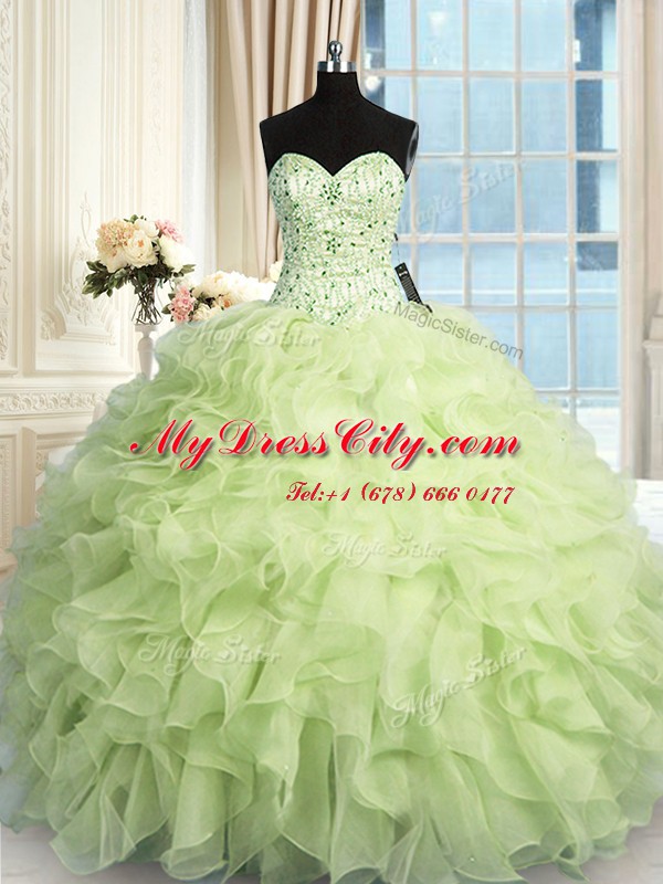Yellow Green Ball Gowns Beading and Ruffles Quinceanera Gowns Lace Up Organza Sleeveless Floor Length