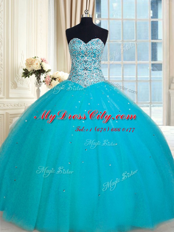 Aqua Blue Tulle Lace Up Quinceanera Gown Sleeveless Floor Length Beading and Sequins