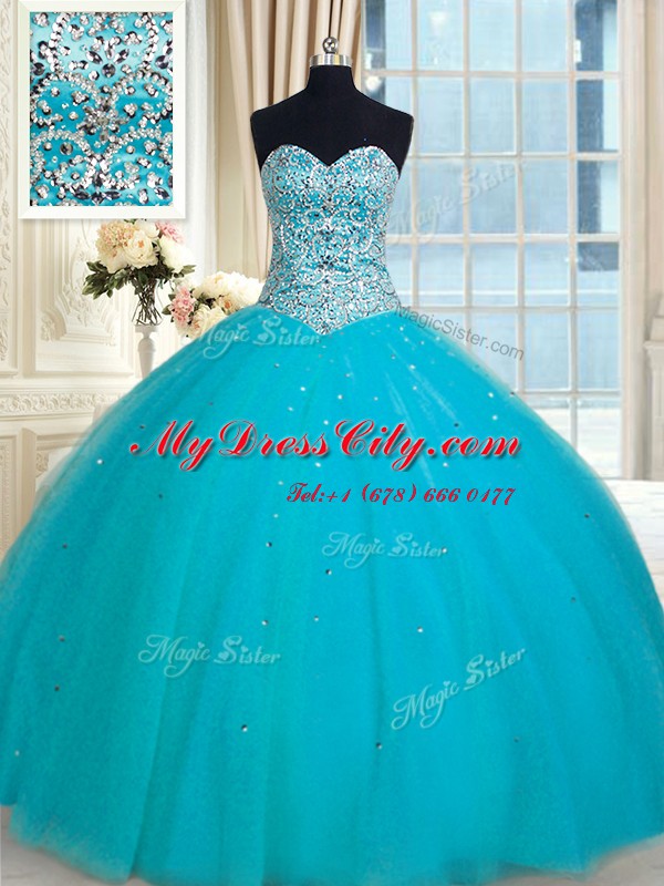 Aqua Blue Tulle Lace Up Quinceanera Gown Sleeveless Floor Length Beading and Sequins