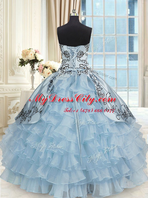 Hot Selling Light Blue Lace Up Quinceanera Gown Beading and Embroidery and Ruffled Layers Sleeveless Floor Length