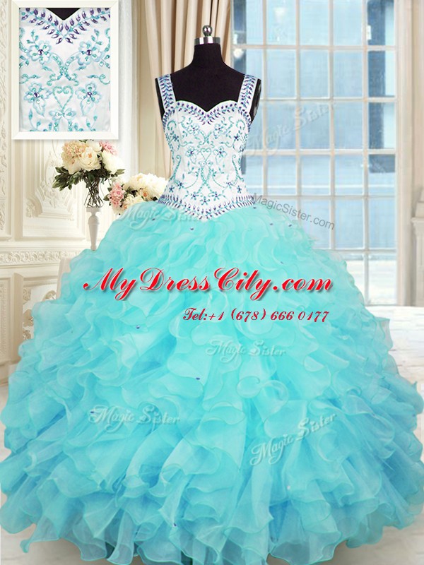 Aqua Blue Column/Sheath Organza Sweetheart Sleeveless Beading and Appliques and Ruffles Floor Length Lace Up Ball Gown Prom Dress
