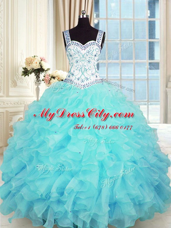 Aqua Blue Column/Sheath Organza Sweetheart Sleeveless Beading and Appliques and Ruffles Floor Length Lace Up Ball Gown Prom Dress