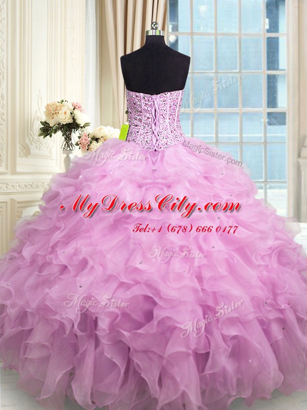 Lilac Sweetheart Lace Up Beading and Ruffles and Sequins Sweet 16 Dress Sleeveless