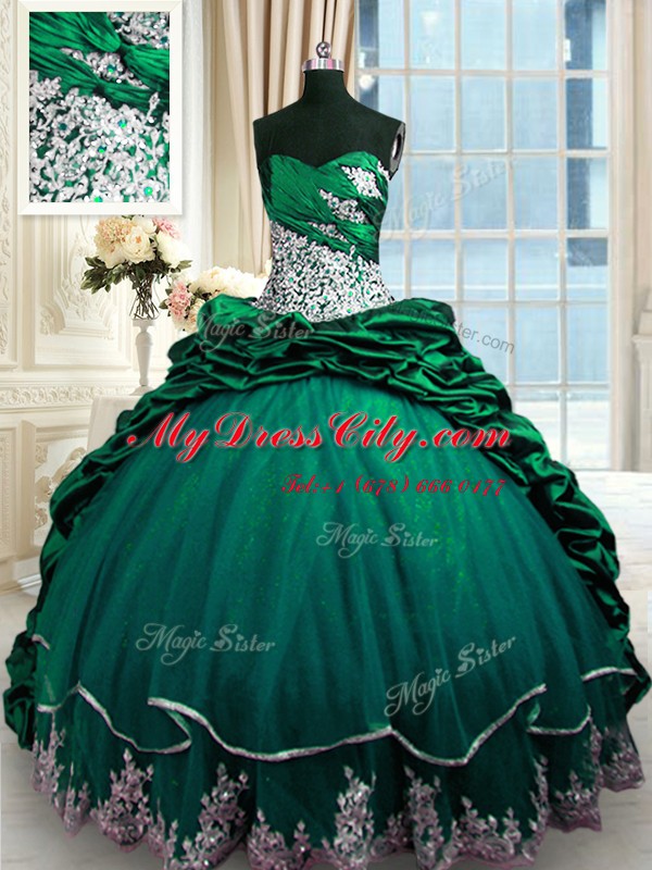 Dark Green Lace Up Sweetheart Beading and Appliques and Pick Ups Sweet 16 Quinceanera Dress Taffeta Sleeveless Brush Train