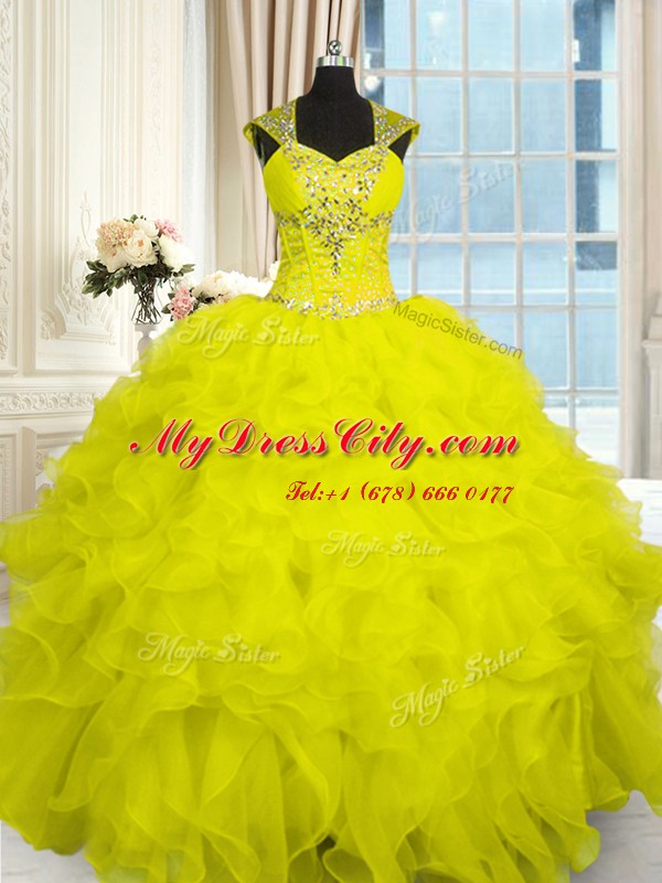 Yellow Organza Lace Up Straps Cap Sleeves Floor Length Quinceanera Dress Beading and Ruffles