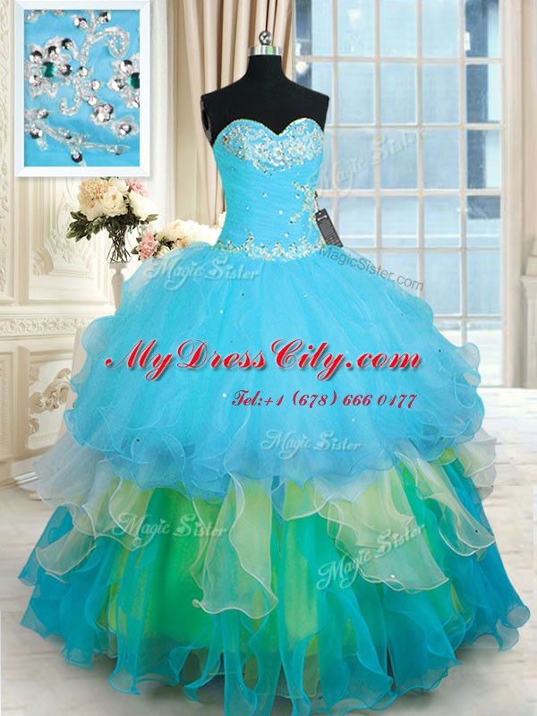 Extravagant Organza Sleeveless Floor Length Quinceanera Gown and Beading and Ruffled Layers