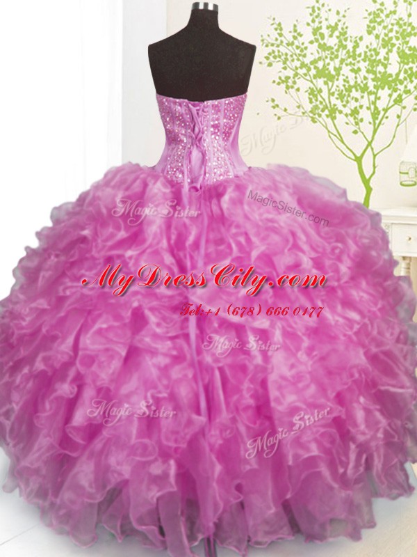 Lilac Lace Up Sweetheart Beading and Ruffles and Pick Ups 15th Birthday Dress Organza Sleeveless