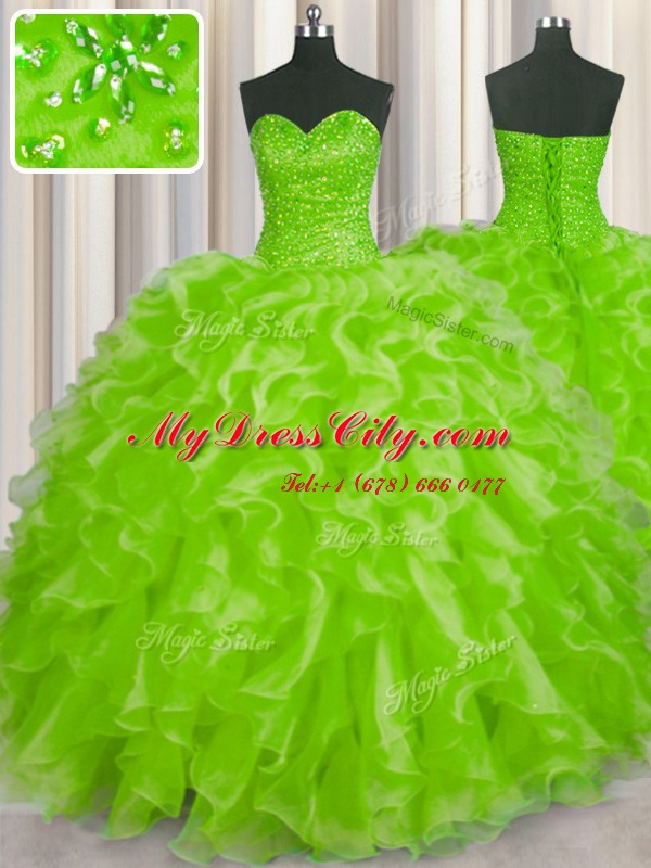 Yellow Green Ball Gowns Beading and Ruffles Quinceanera Dress Lace Up Organza Sleeveless Floor Length