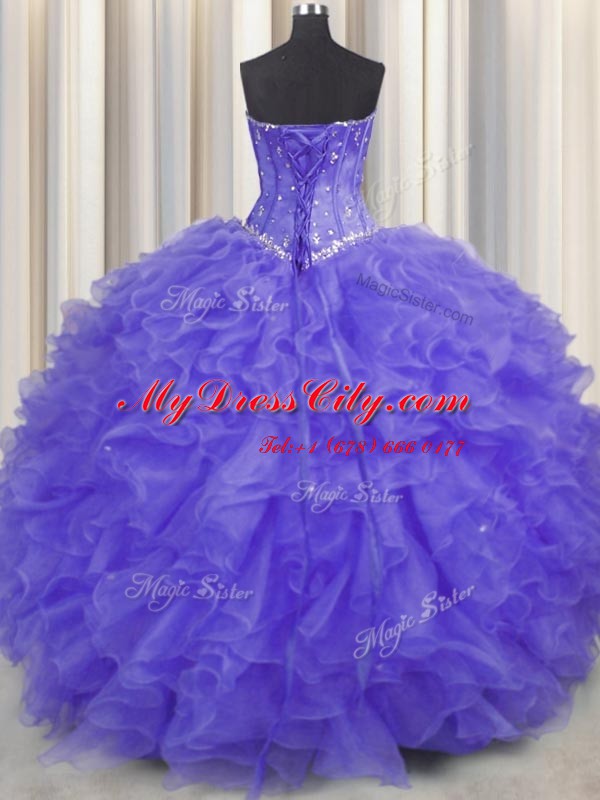 Lavender Ball Gowns Sweetheart Sleeveless Organza Floor Length Lace Up Beading and Ruffles Quince Ball Gowns