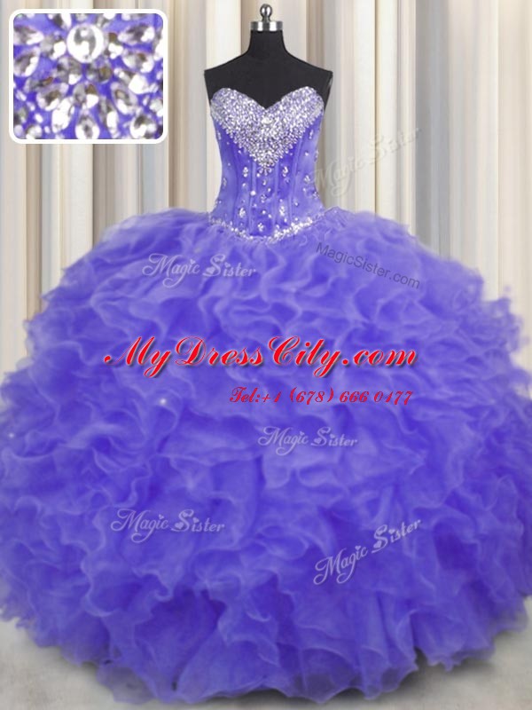 Lavender Ball Gowns Sweetheart Sleeveless Organza Floor Length Lace Up Beading and Ruffles Quince Ball Gowns