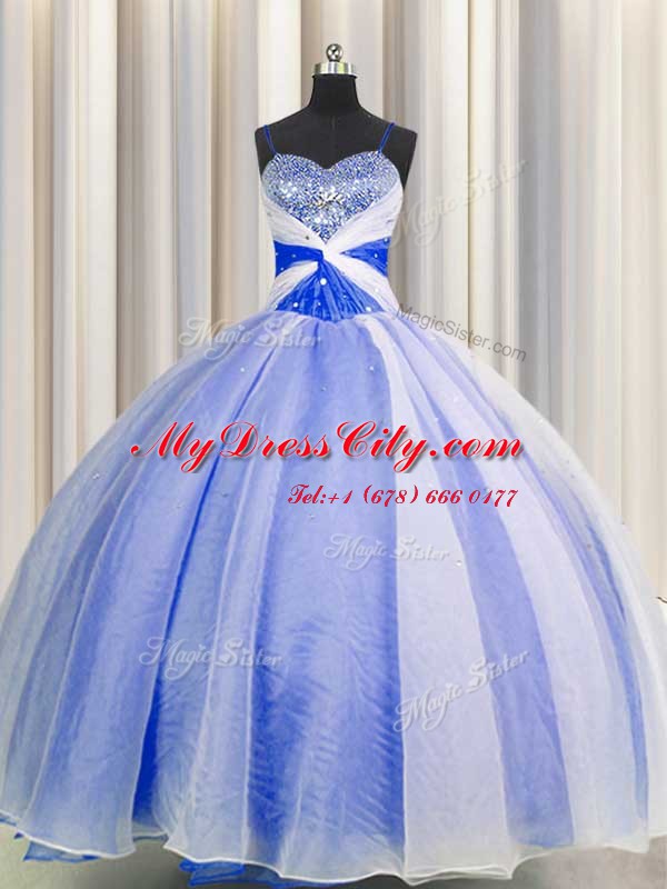 Latest Blue And White Spaghetti Straps Neckline Beading and Sequins and Ruching Quinceanera Dress Sleeveless Lace Up