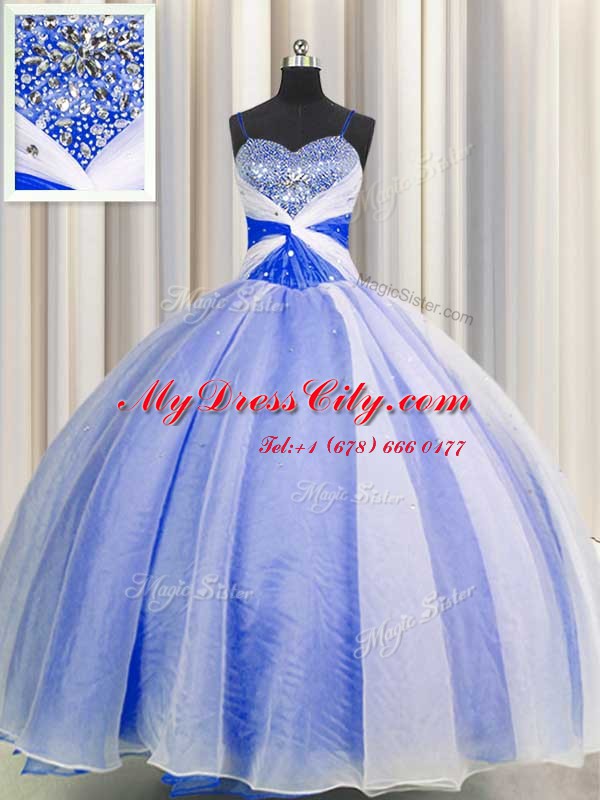 Latest Blue And White Spaghetti Straps Neckline Beading and Sequins and Ruching Quinceanera Dress Sleeveless Lace Up