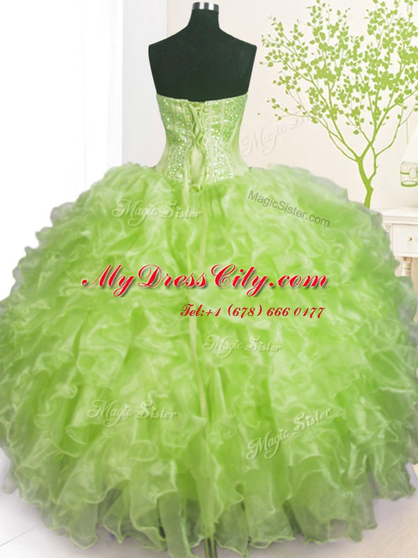 Yellow Green Lace Up Quinceanera Gowns Beading and Ruffles and Pick Ups Sleeveless Floor Length