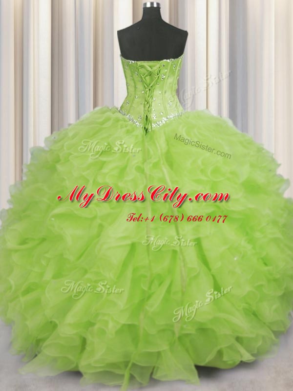 Yellow Green Sleeveless Floor Length Beading and Ruffles Lace Up Ball Gown Prom Dress