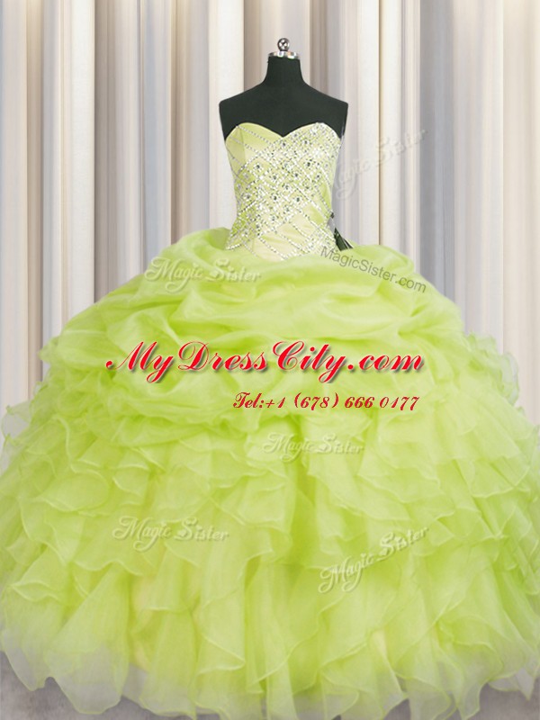 Yellow Green Ball Gowns Beading and Ruffles Vestidos de Quinceanera Lace Up Organza Sleeveless Floor Length