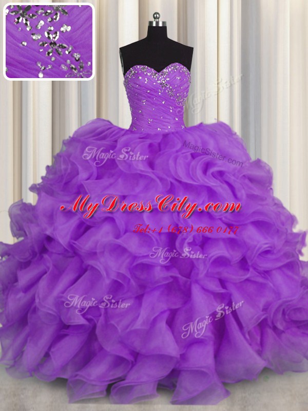 Dazzling Beading and Ruffles Quinceanera Gown Purple Lace Up Sleeveless Floor Length