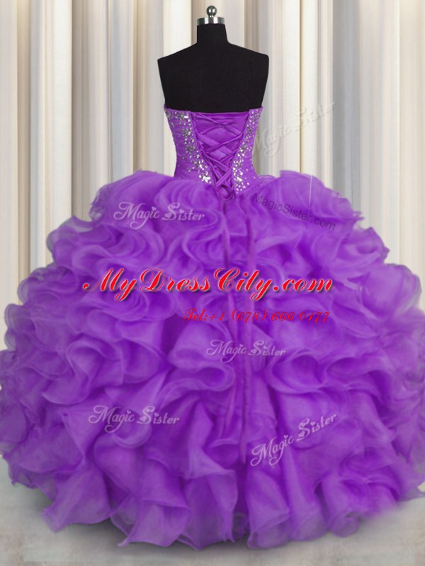 Dazzling Beading and Ruffles Quinceanera Gown Purple Lace Up Sleeveless Floor Length