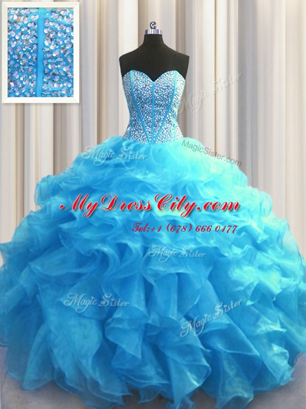 Delicate Visible Boning Floor Length Lace Up Ball Gown Prom Dress Baby Blue for Military Ball and Sweet 16 and Quinceanera with Beading and Ruffles
