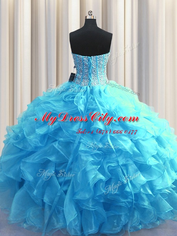 Delicate Visible Boning Floor Length Lace Up Ball Gown Prom Dress Baby Blue for Military Ball and Sweet 16 and Quinceanera with Beading and Ruffles
